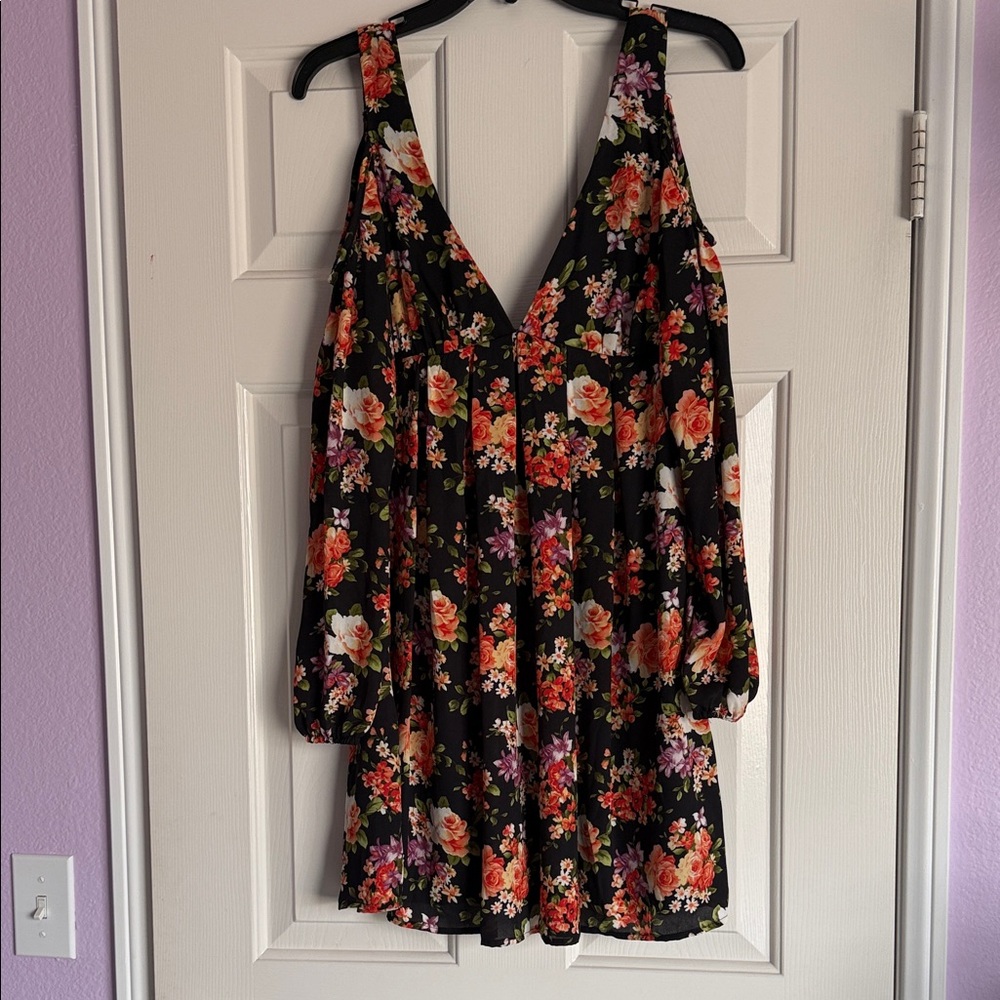 Midnight Doll Black Floral Cold-Shoulder Dress